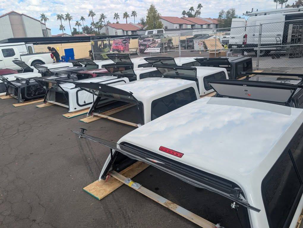 Rows of truck toppers in stock at Rafael Truck Toppers